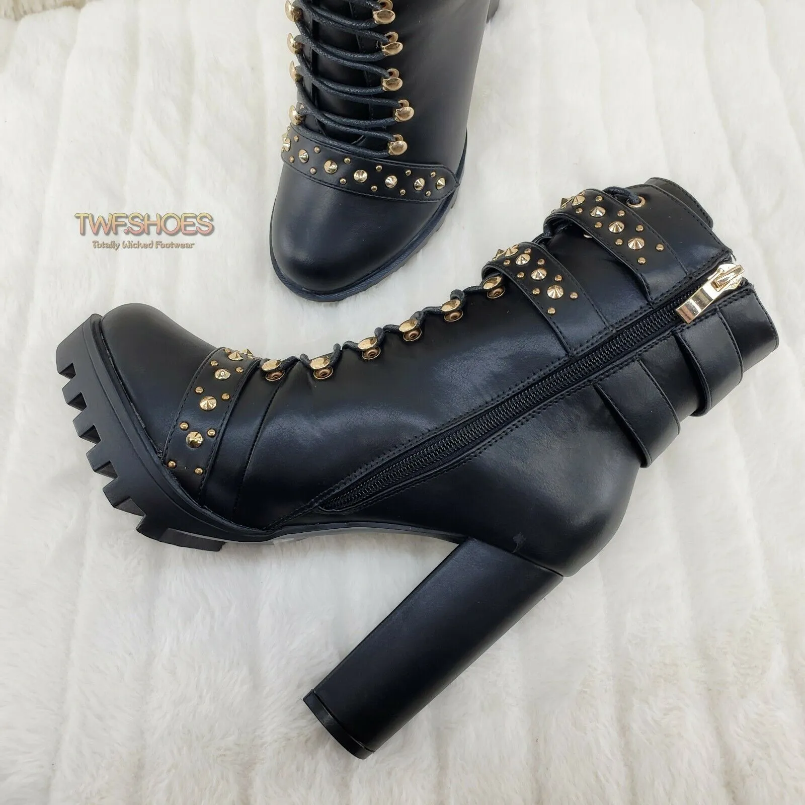 Hailey Lace Up Gold Studded Ankle Boots 4.5" Chunky Heels 6 -11 Black