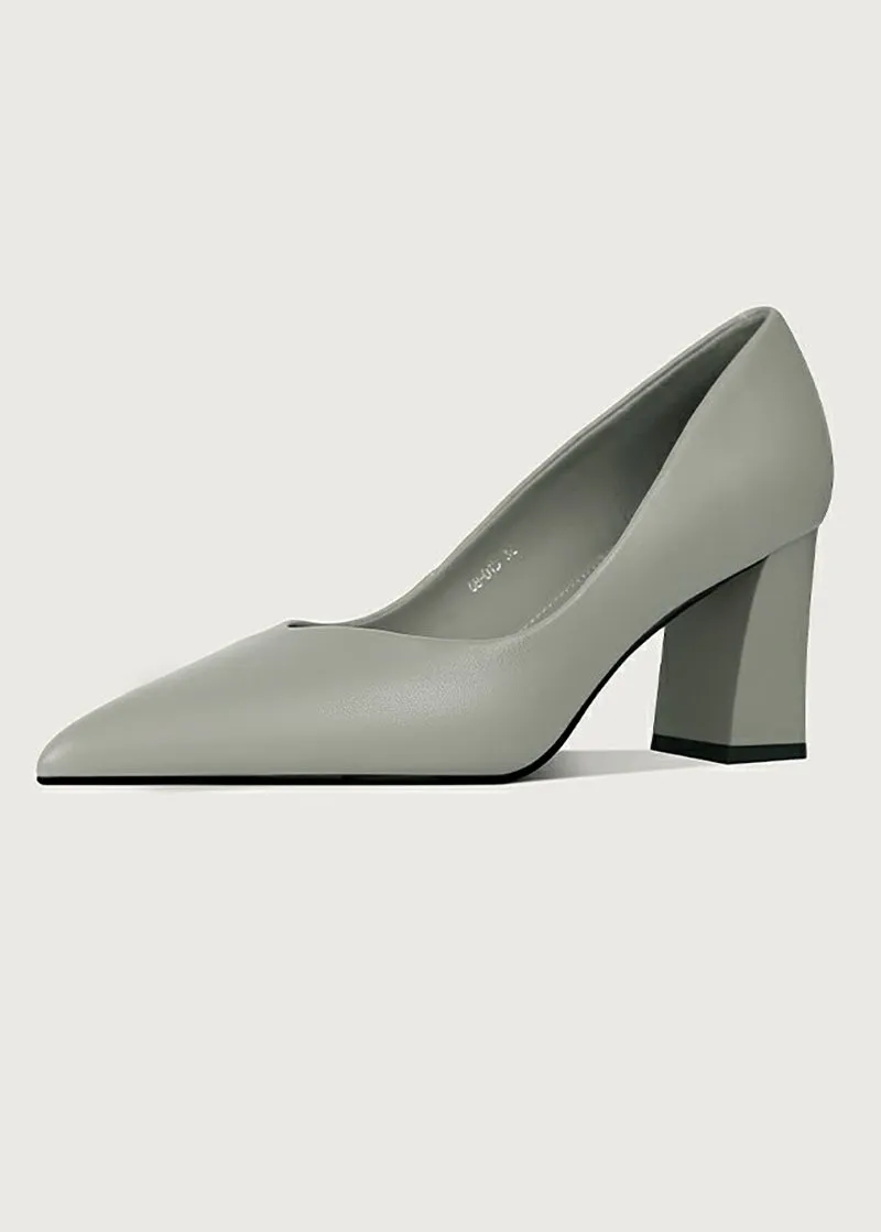 Honey Block Heel Genuine Leather Pointed Toe Pumps