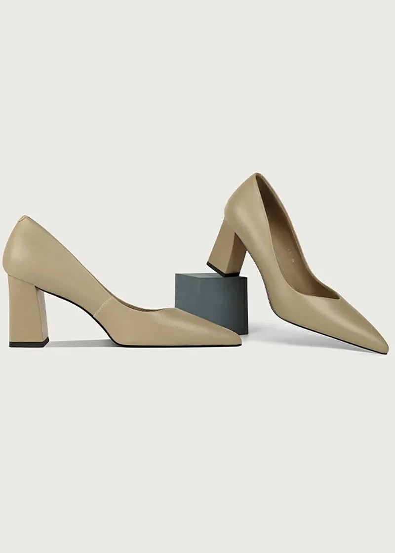 Honey Block Heel Genuine Leather Pointed Toe Pumps