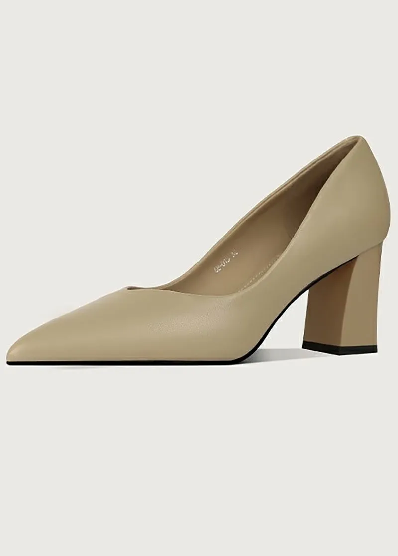 Honey Block Heel Genuine Leather Pointed Toe Pumps