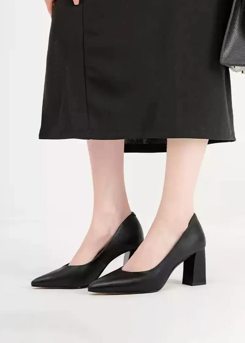 Honey Block Heel Genuine Leather Pointed Toe Pumps