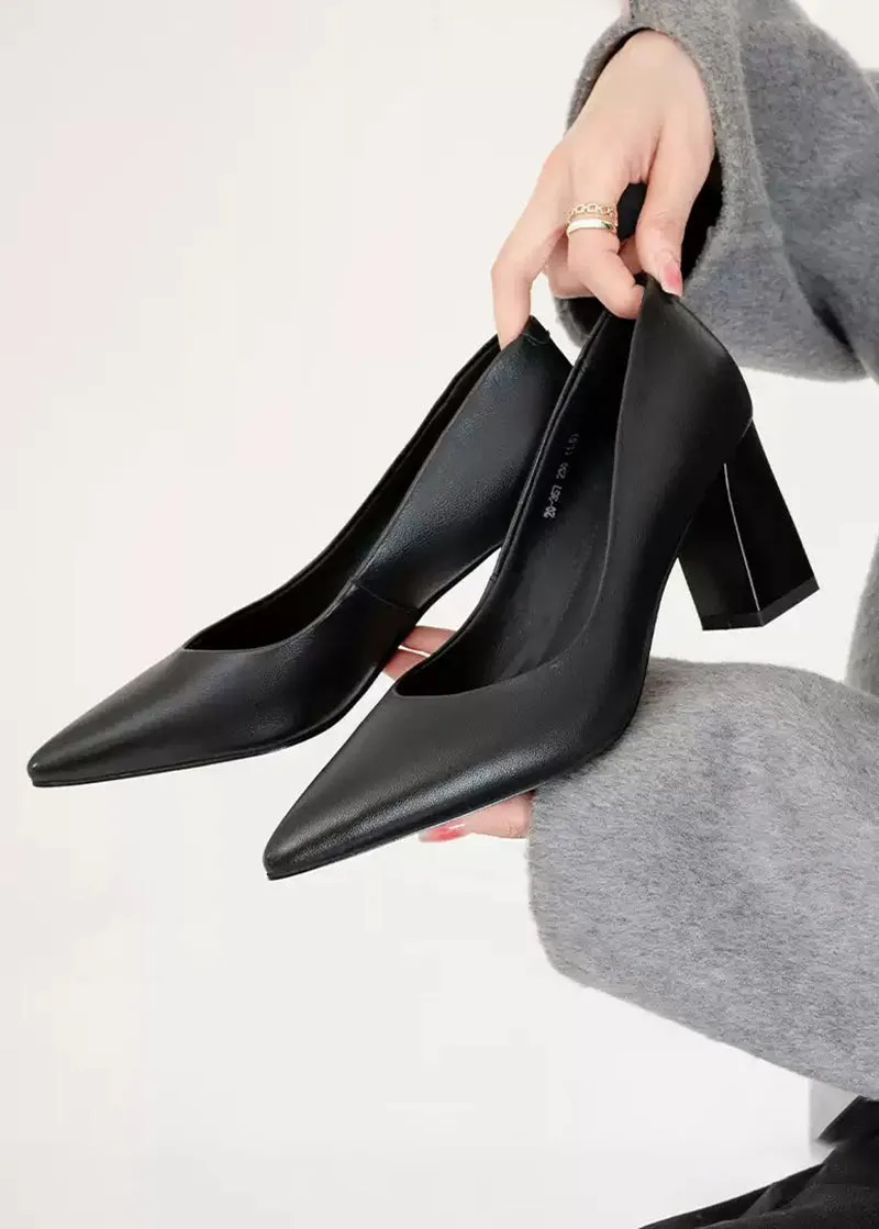 Honey Block Heel Genuine Leather Pointed Toe Pumps