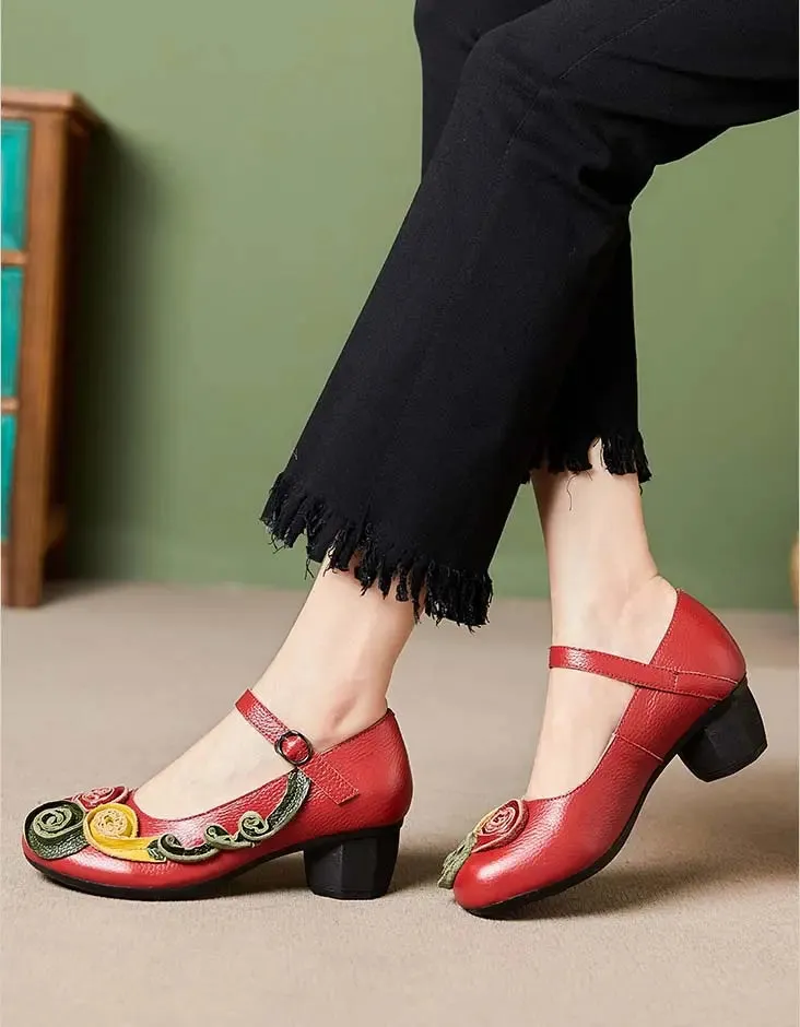Leather Front Oriental Chunky Heels