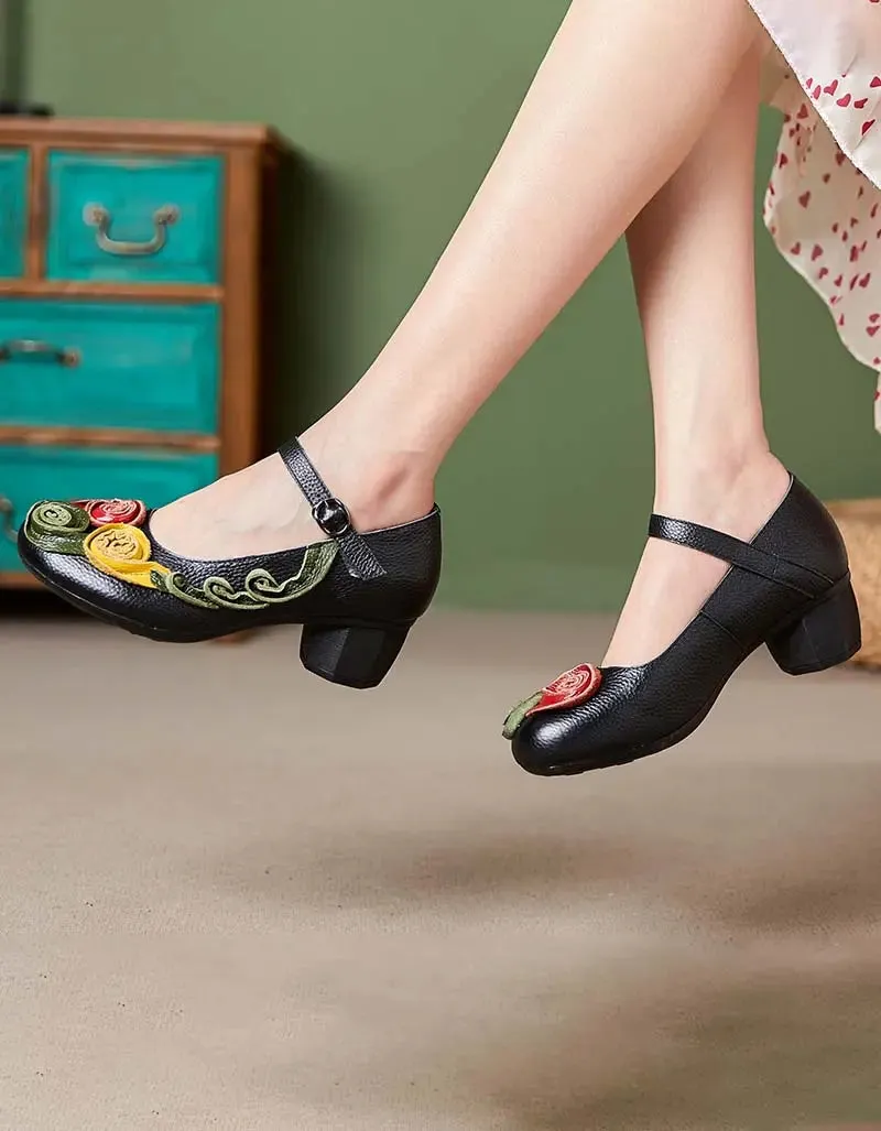 Leather Front Oriental Chunky Heels
