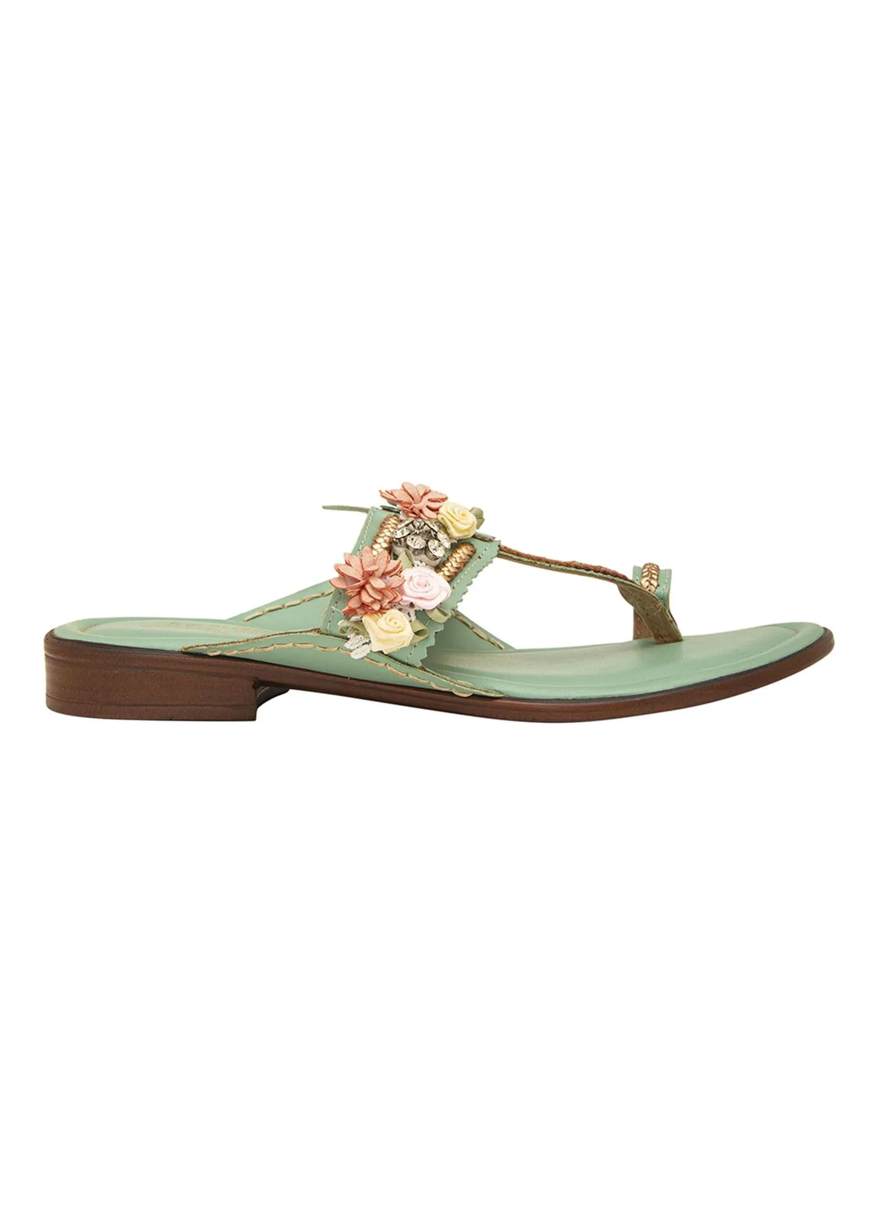 Mint Kolhapuri Cushioned Flat Footwear With Floral Embellishment