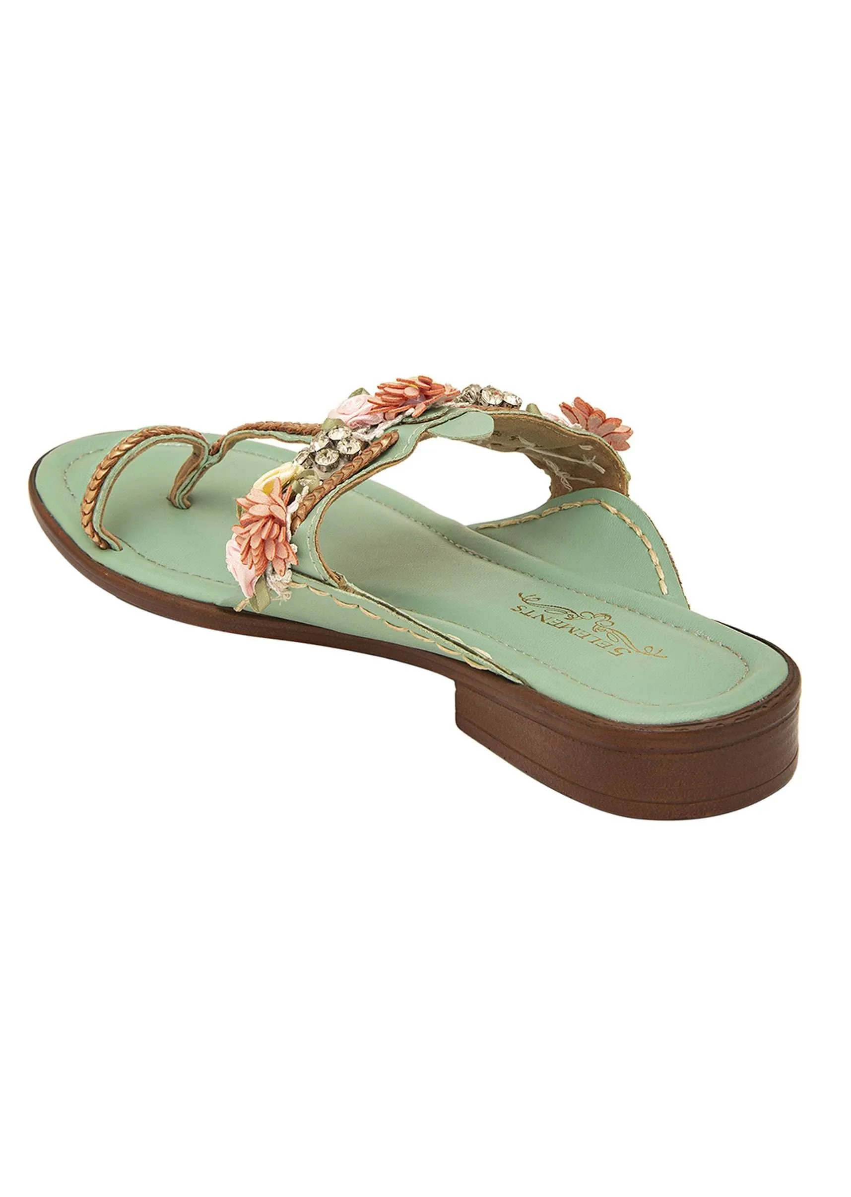 Mint Kolhapuri Cushioned Flat Footwear With Floral Embellishment