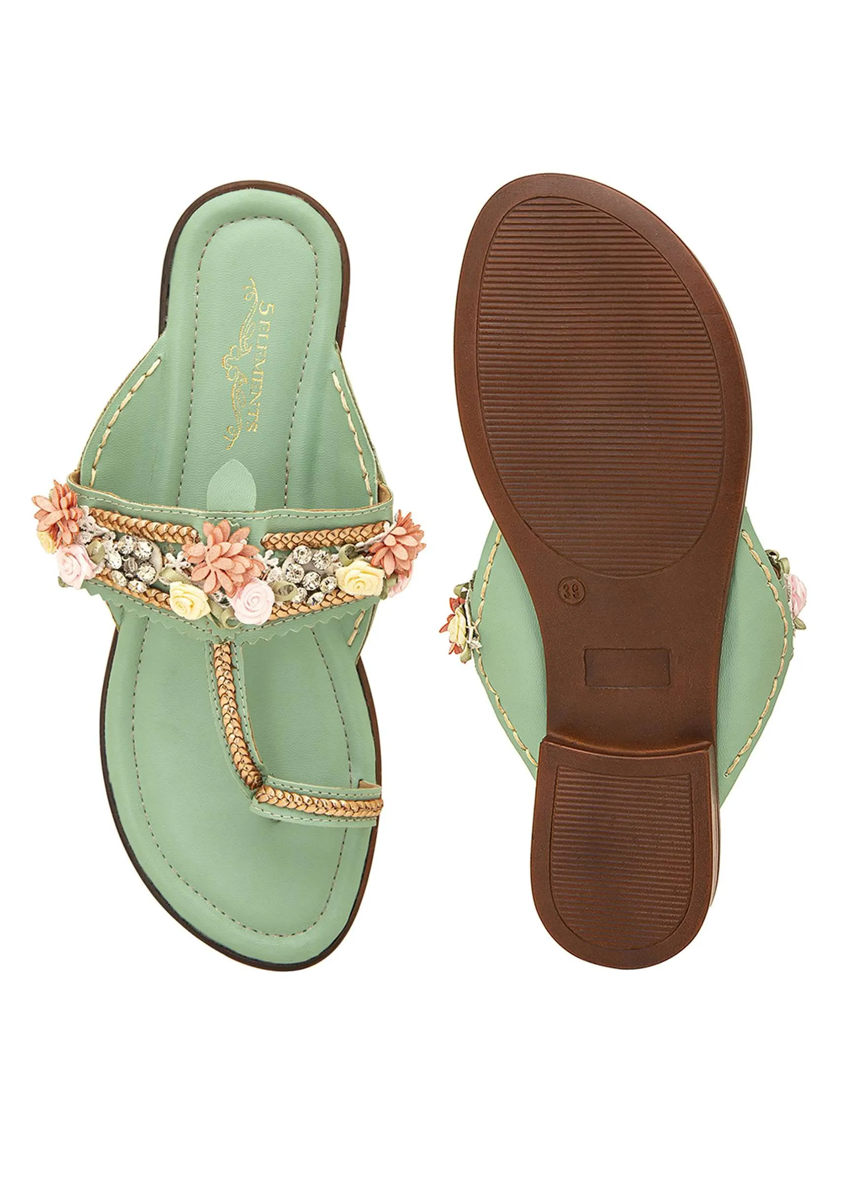 Mint Kolhapuri Cushioned Flat Footwear With Floral Embellishment