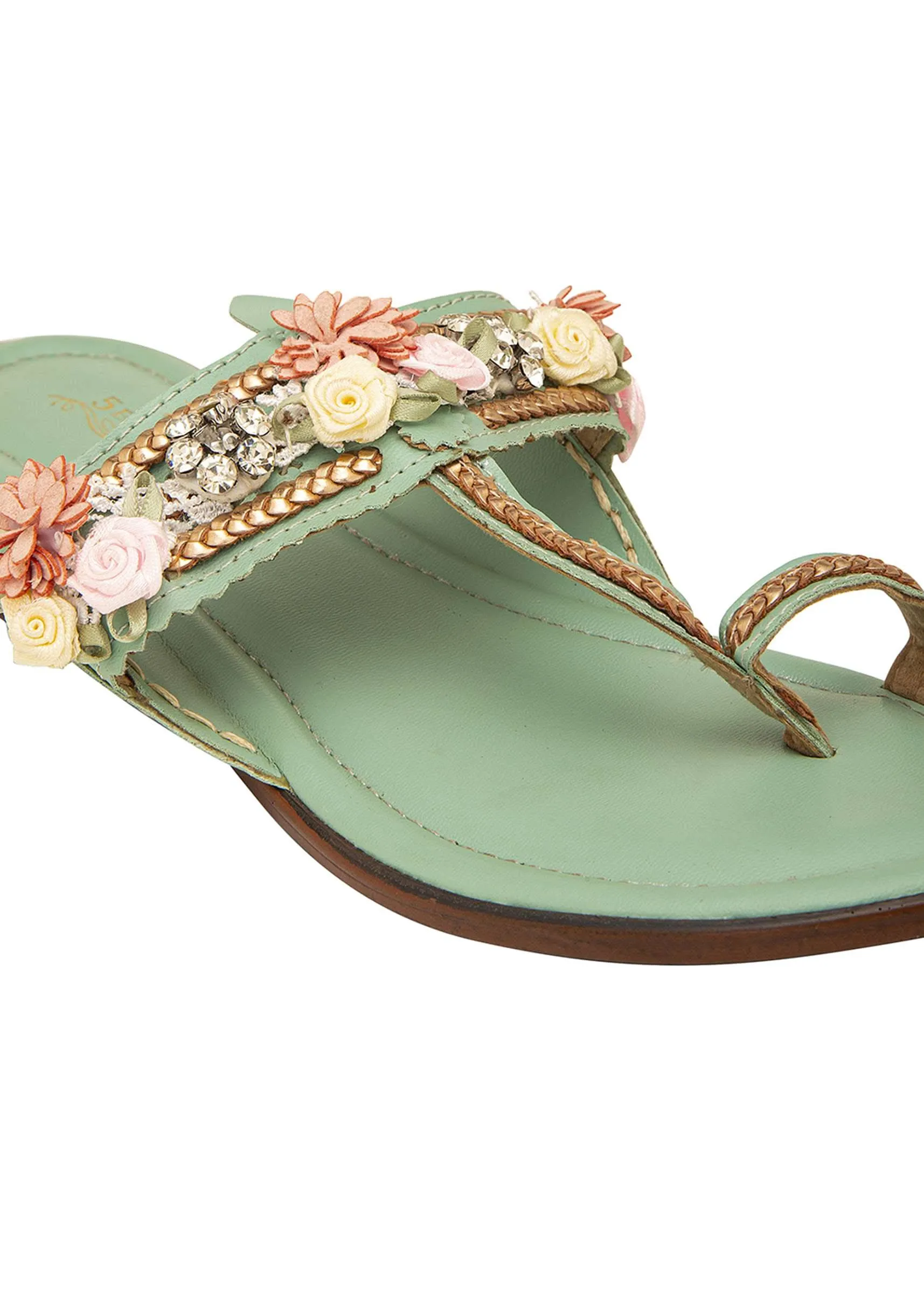 Mint Kolhapuri Cushioned Flat Footwear With Floral Embellishment