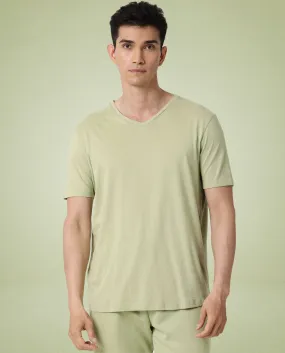 Rare Rabbit Articale Men's Cleok Green Solid V-Neck Relaxed Fit Half Sleeves T-Shirt